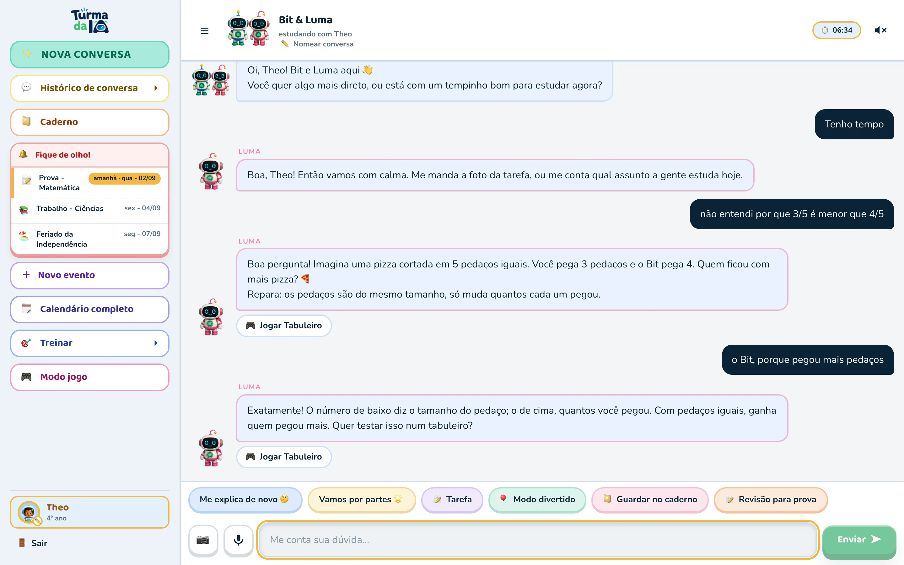 Conversa completa: o Theo responde que o Bit ficou com mais pizza e a Luma confirma explicando numerador e denominador