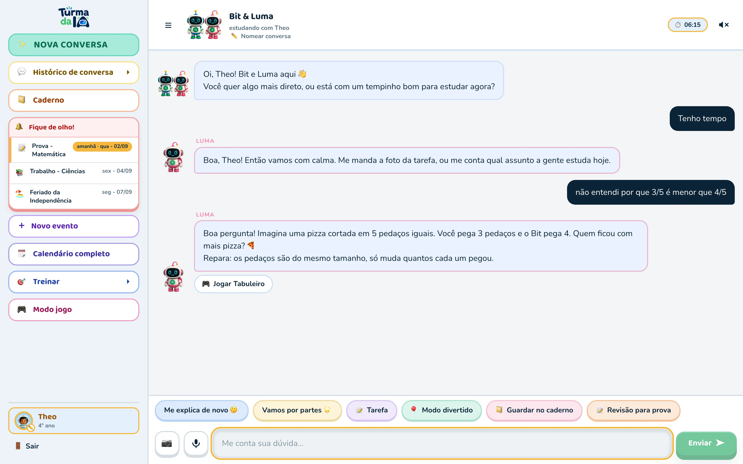 Tela do chat da Turma da IA: Bit e Luma explicando frações com pizza para o Theo, com o quadro Fique de olho na lateral