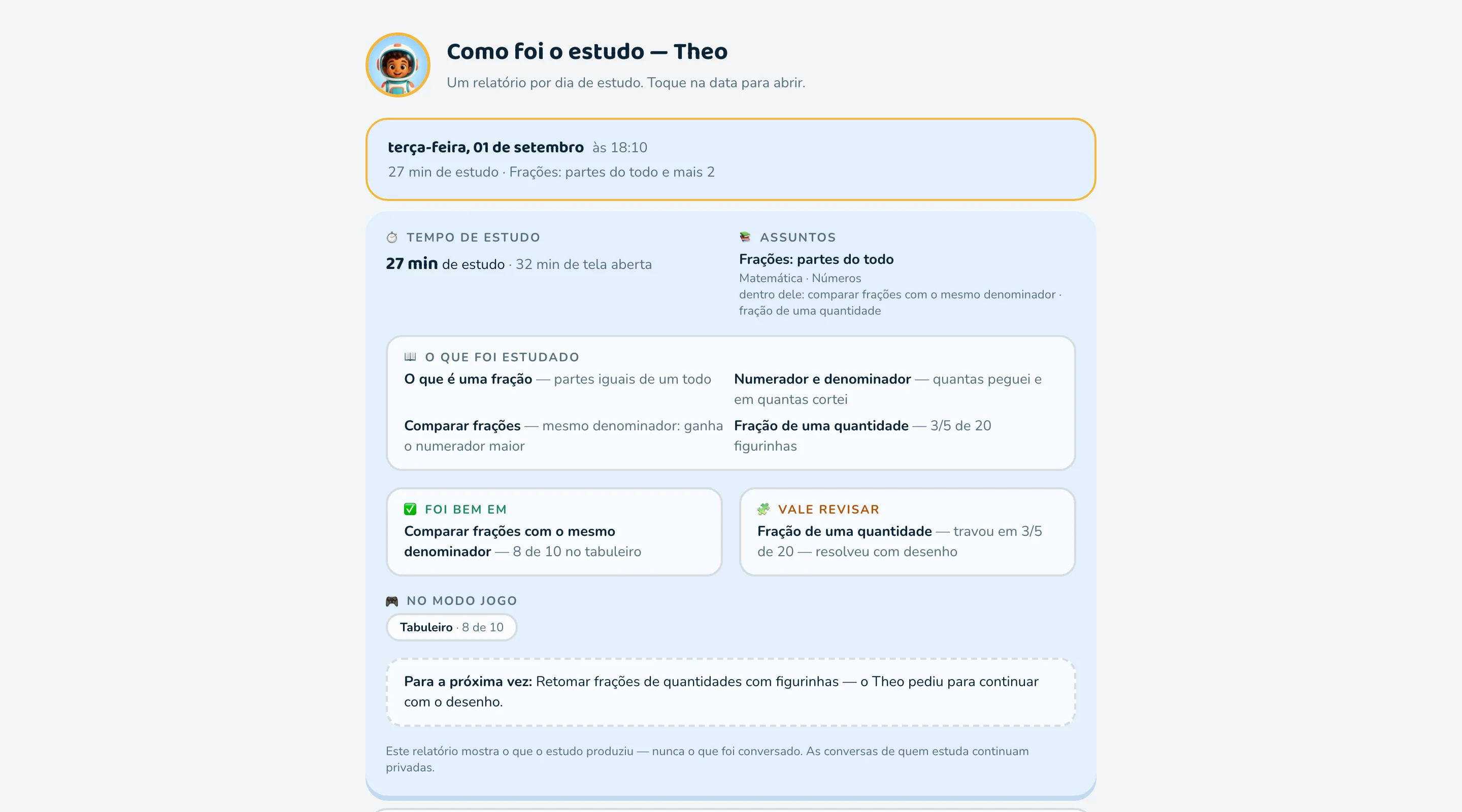 Como foi o estudo — Theo: 27 minutos, frações, o que foi bem, o que vale revisar e a deixa para a próxima vez