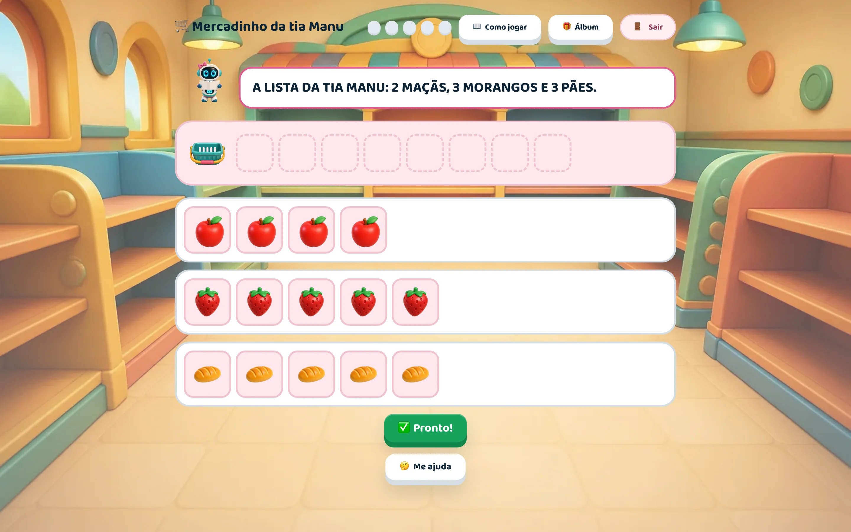 Mercadinho da tia Manu: a lista pede 2 maçãs, 3 morangos e 3 pães