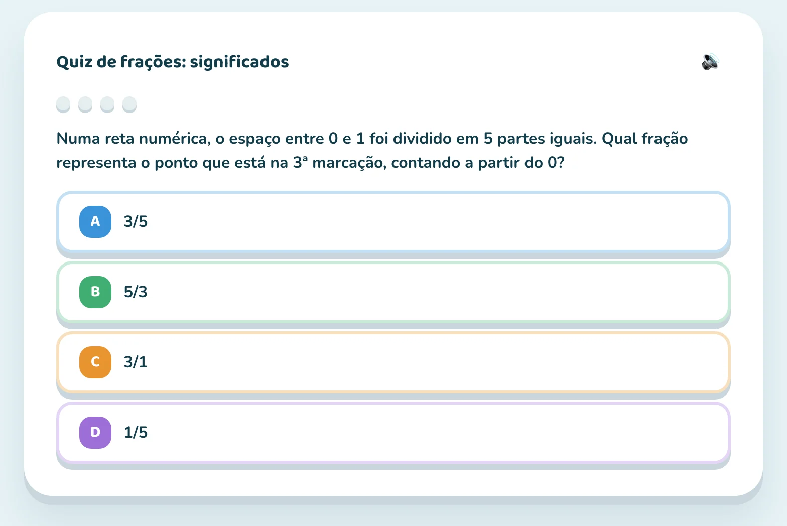 Quiz gamificado de frações com alternativas coloridas